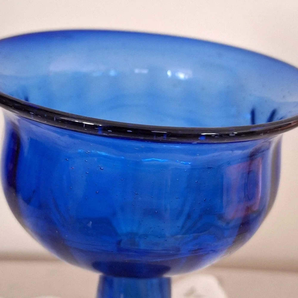 Vtg Cobalt Bue Hand Blown Glass Crocus Forcing Vase Optic Rib Polished Pontil